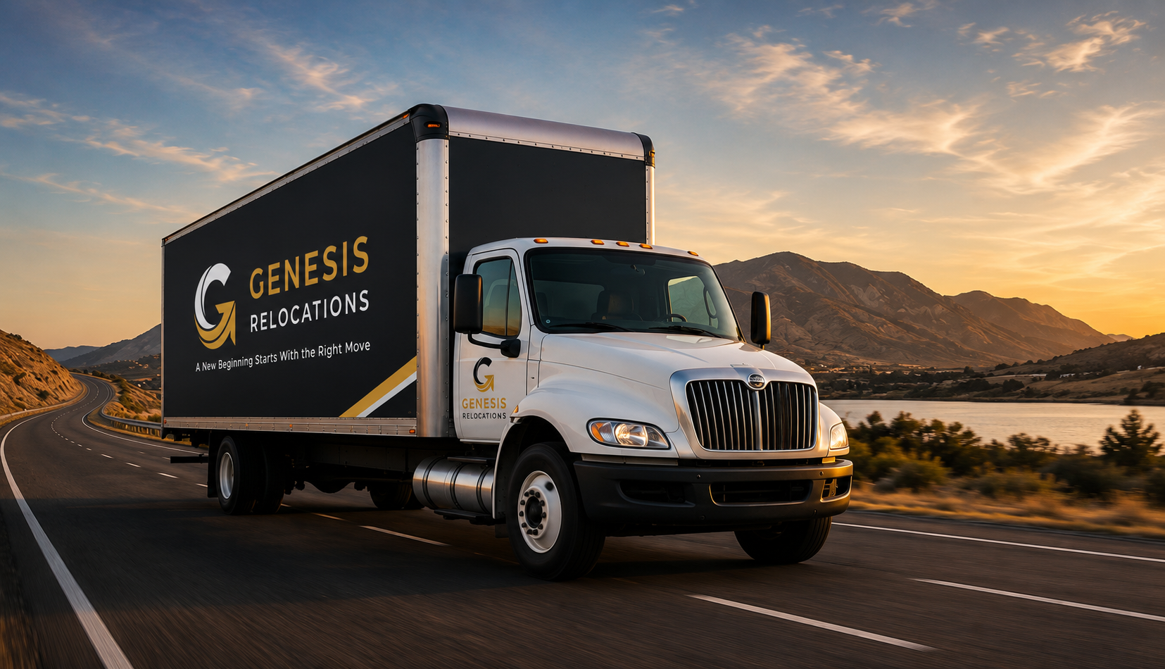 Genesis Relocations moving truck driving on a long-distance highway